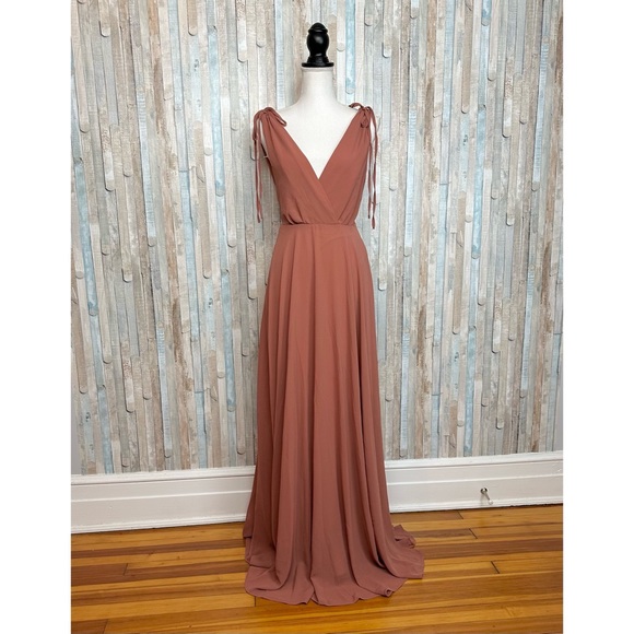 Lulus S Dusty Pink Flowy Maxi Dress Gown Deep V Low Back Bridesmaid Prom - Picture 3 of 14